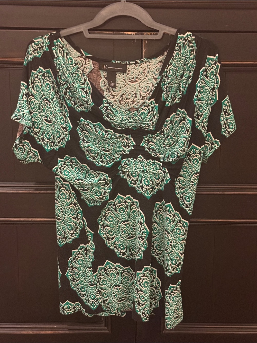 INC International Concepts Black Top with Green Medallion Print